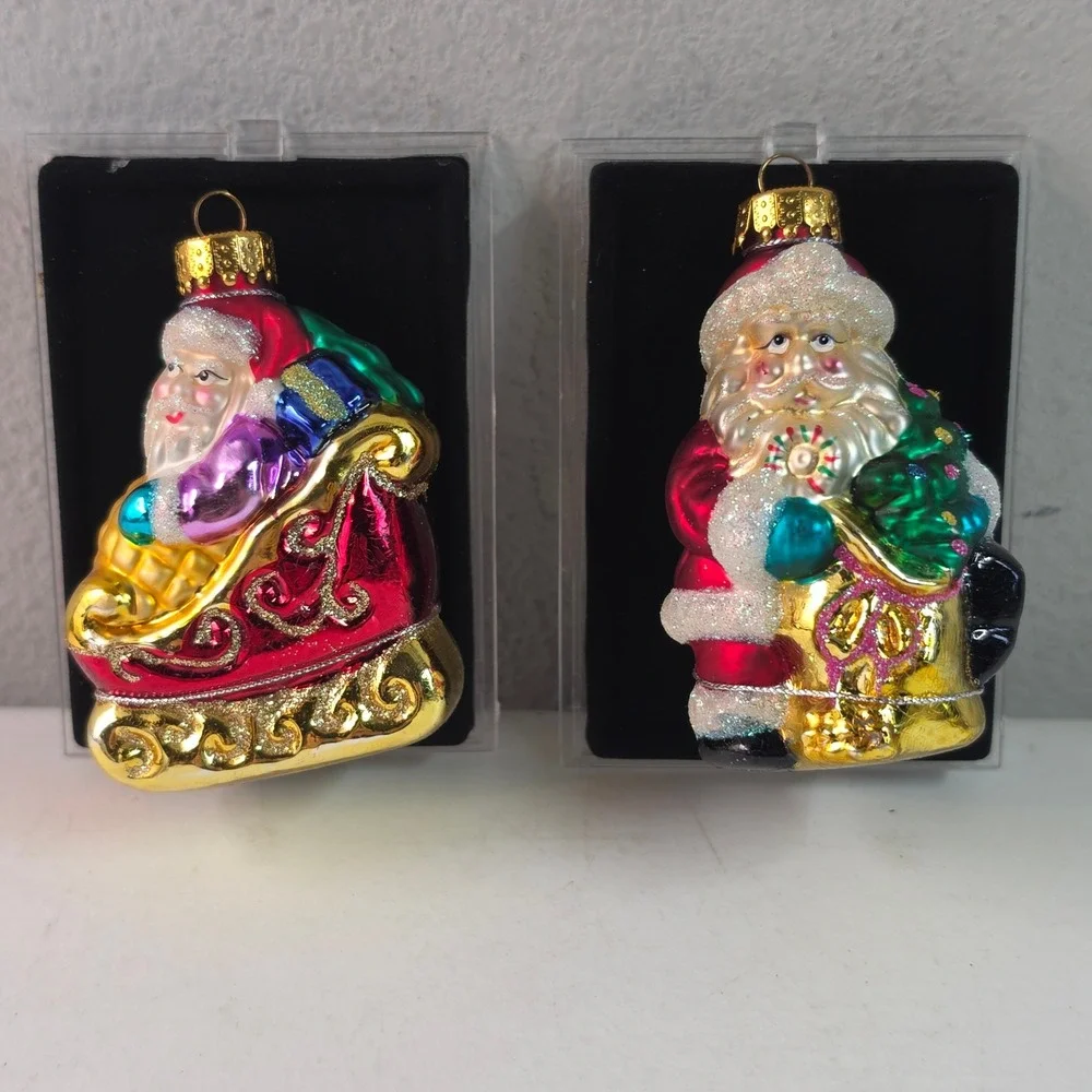 Target Santa Christmas Glass Ornaments Multicolor Sleigh 2004 Set of 2